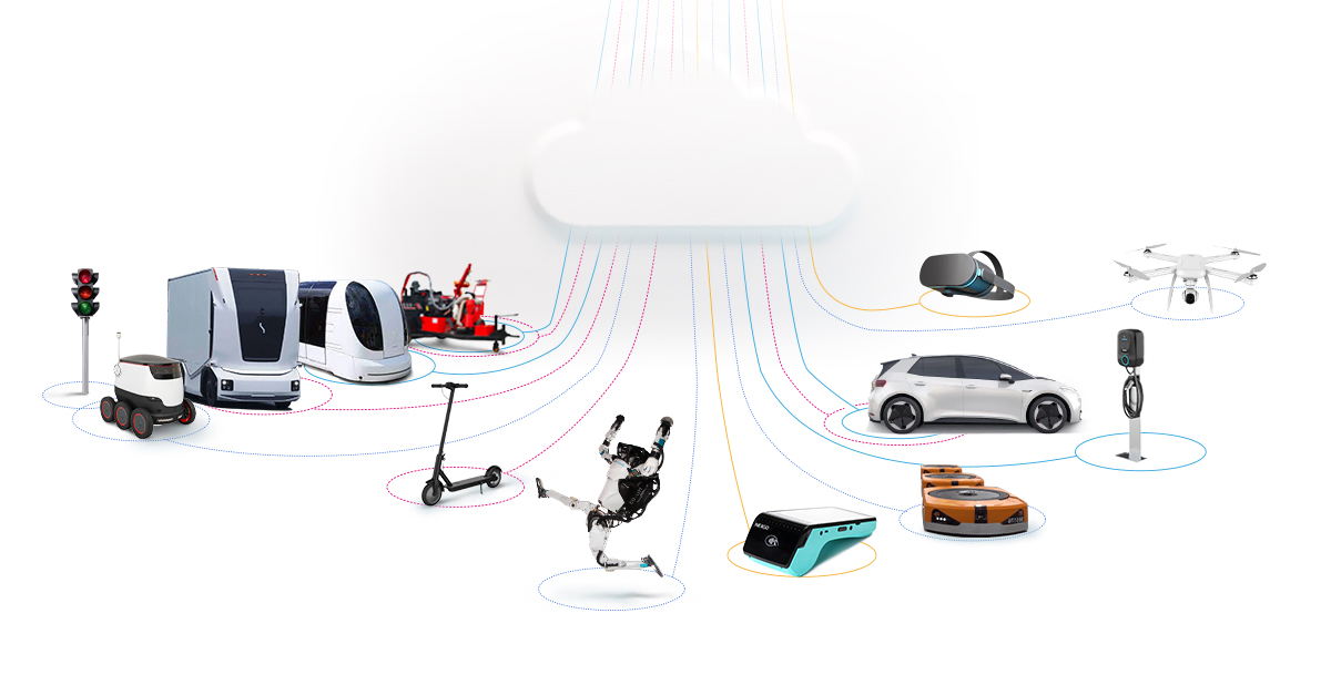 Graphic of automobiles, a drone, and an android linking to a white cloud